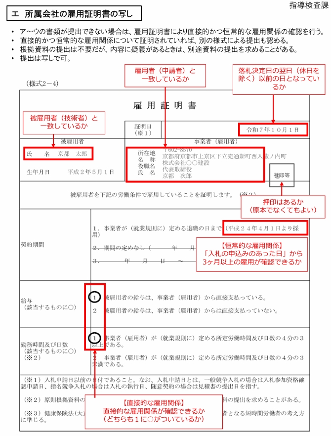 所属会社の雇用証明書の写し